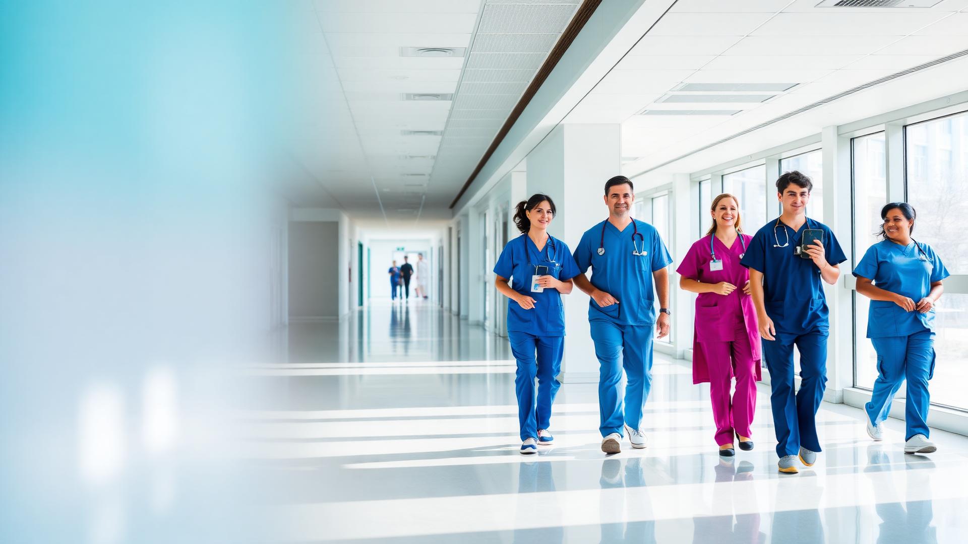 Clinical team walking through a hospital corridor