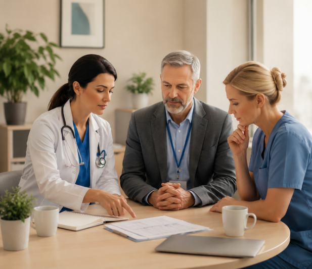 A physician, an administrator, and a nurse reviewing staffing documents together at a table